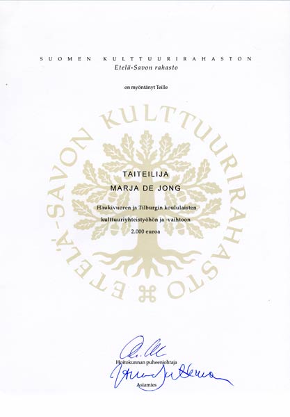 diplam of the award for Marja de Jong by Etel-Savon Kulttuurirahasto